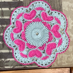 Load image into Gallery viewer, Mint green and hot pink crocheted round doily-Cotton doily-7 1/2” round dimensional doily
