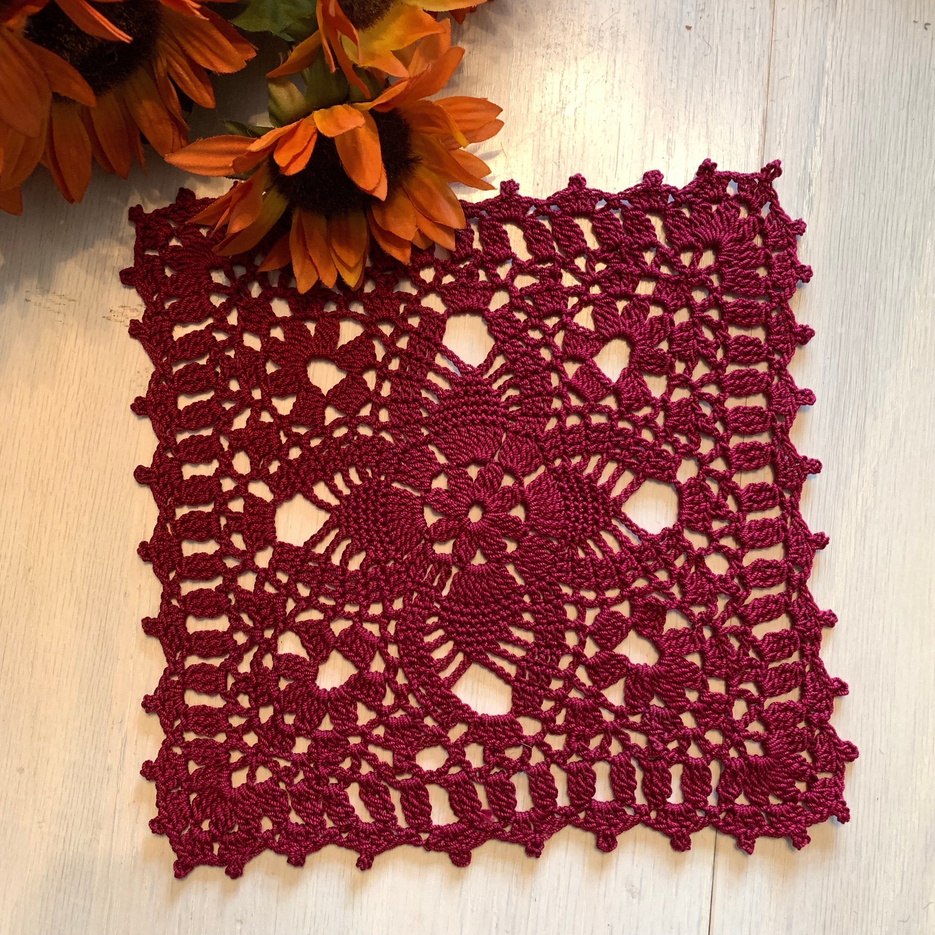 8” Square Doily- Burgundy Crochet Doily