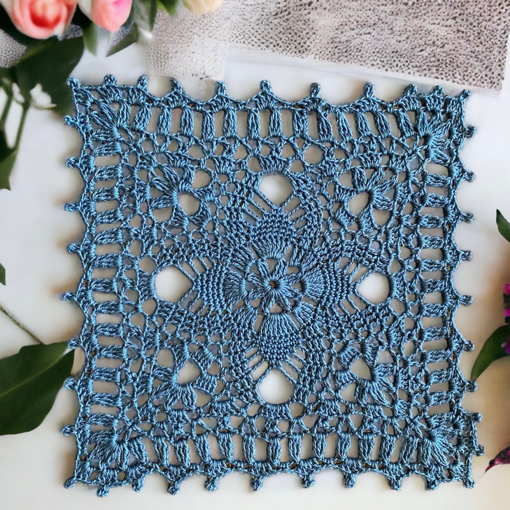 8” Square Doily- Country Blue Crochet Doily