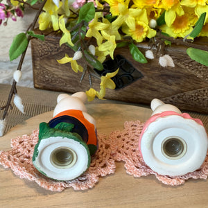 Ceramic Easter Bunny Salt and Pepper Shaker set on mini doilies