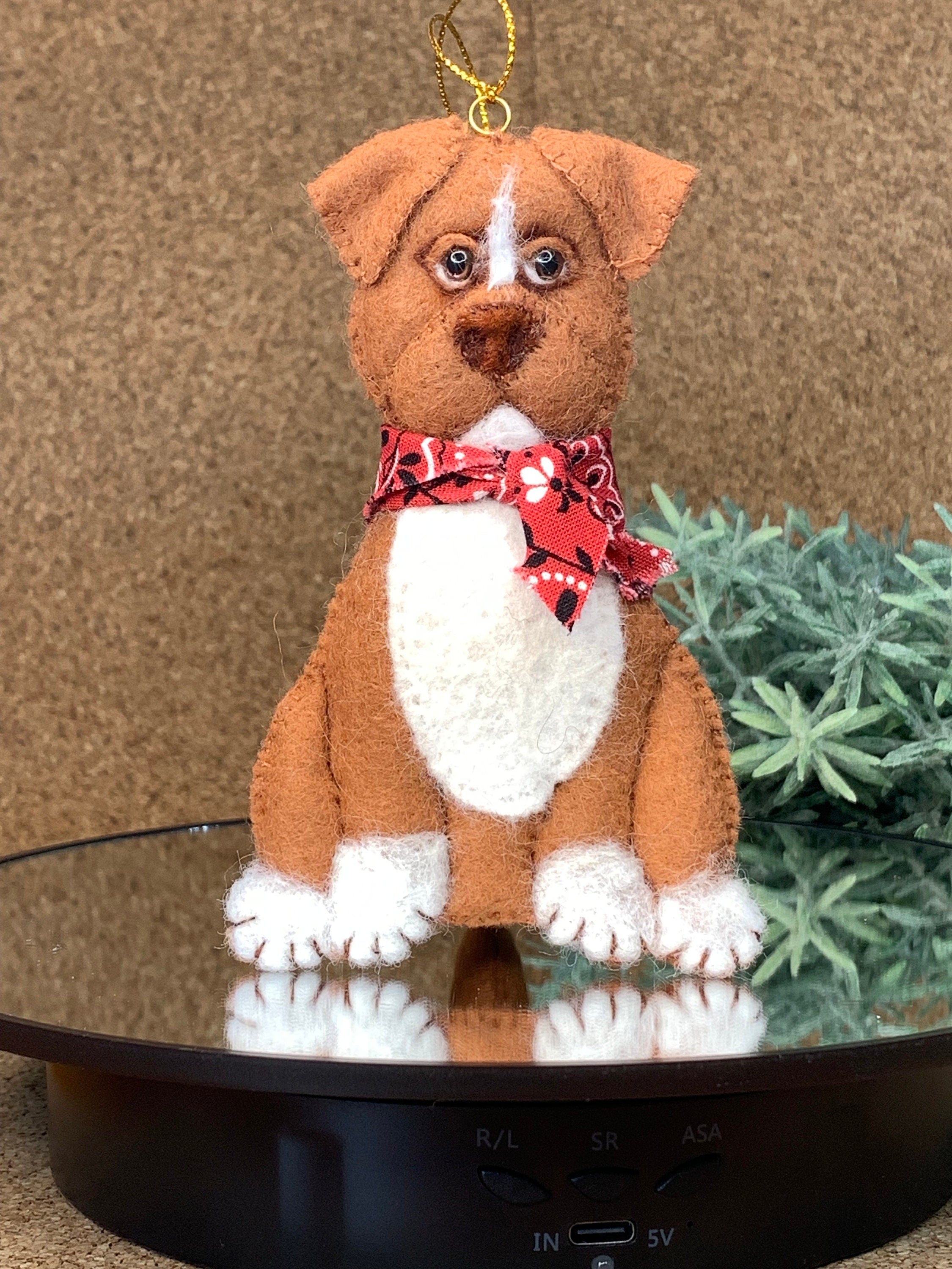 Red Nosed Pitbull Felt Ornament with white patches and white paws with floppy ears