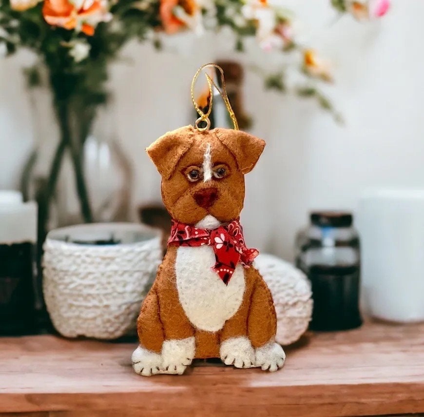 Red Nosed Pitbull Felt Ornament with white patches and white paws with floppy ears