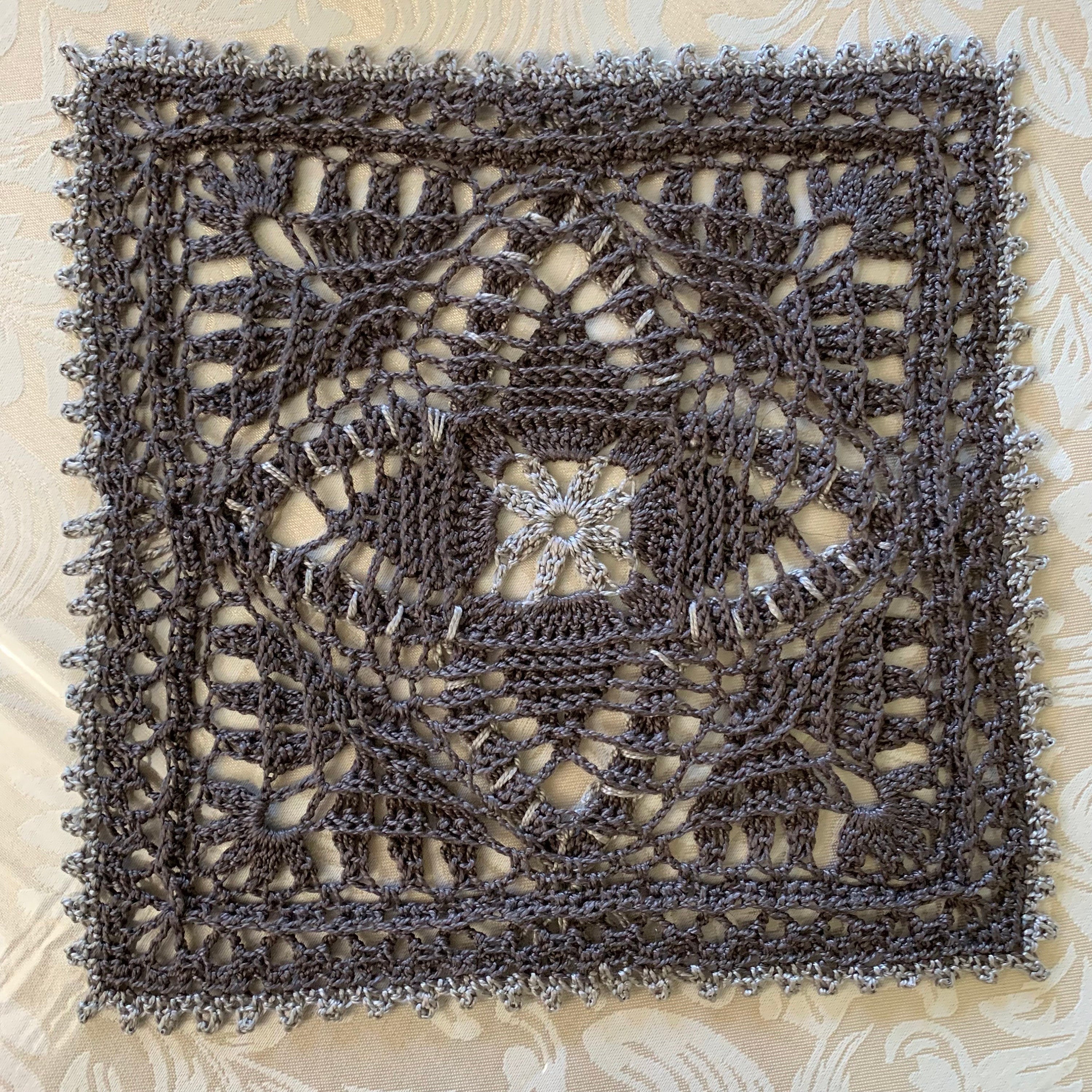 8” Square Crochet Doily- Charcoal Gray with Light Gray Accents