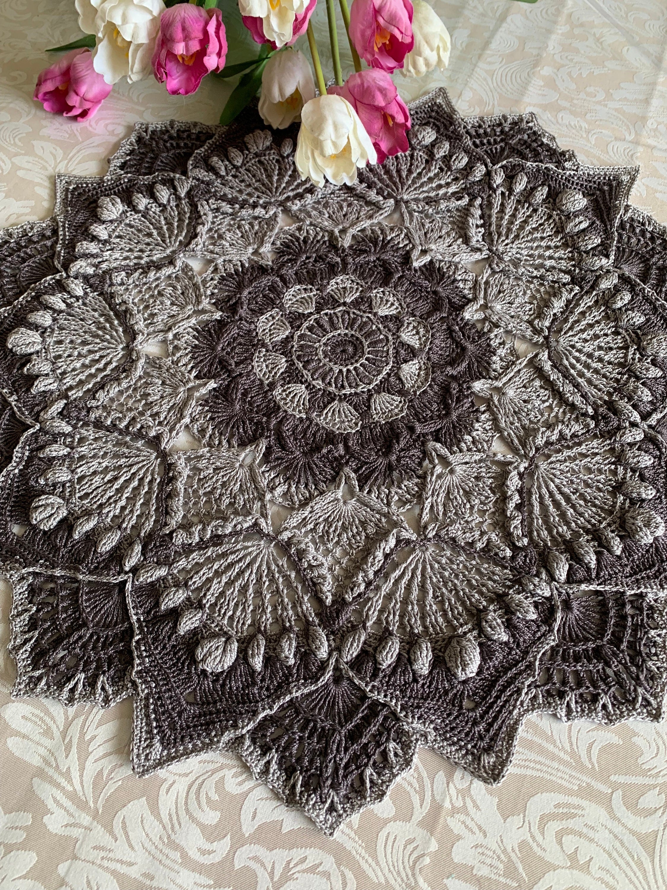 18” Textured Crochet Doily-Two tone Gray-One-of-a-kind Crochet Doily-Heirloom Doily