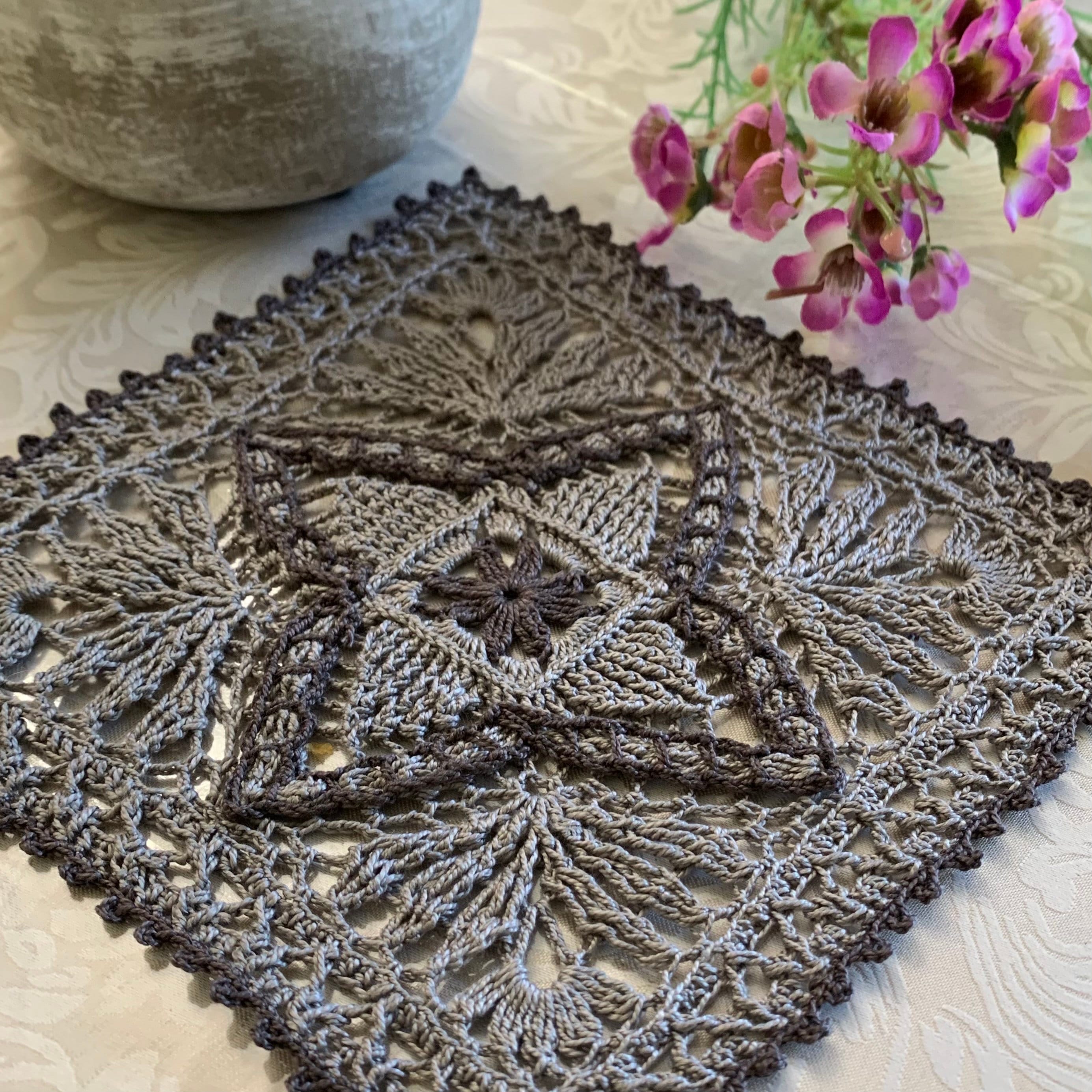 8” Square Crochet Doily-Light Gray with Charcoal Gray Accents